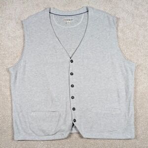 32 Bar Blues Sweater Vest Mens XL Gray V Neck Button Front Cotton Knit Pockets